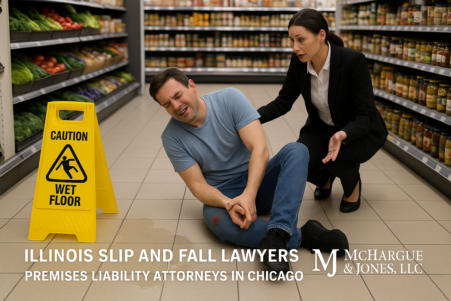 “Injured shopper on grocery store floor with wet floor sign — Illinois slip and fall lawyers at McHargue & Jones, LLC.”