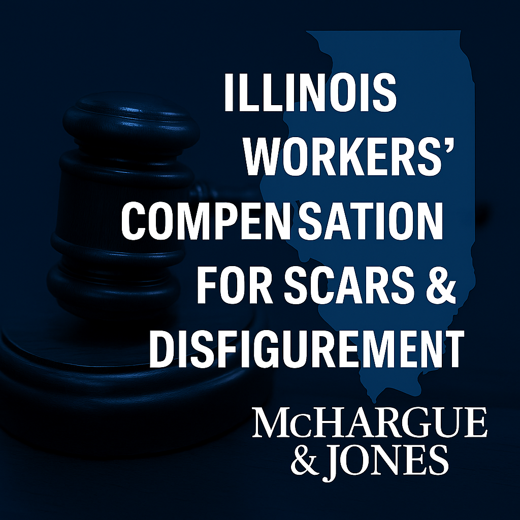 Dark blue law firm graphic with a gavel on the left and the silhouette of Illinois on the right. White bold text reads “Illinois Workers’ Compensation for Scars & Disfigurement,” with “McHargue & Jones” branding below.