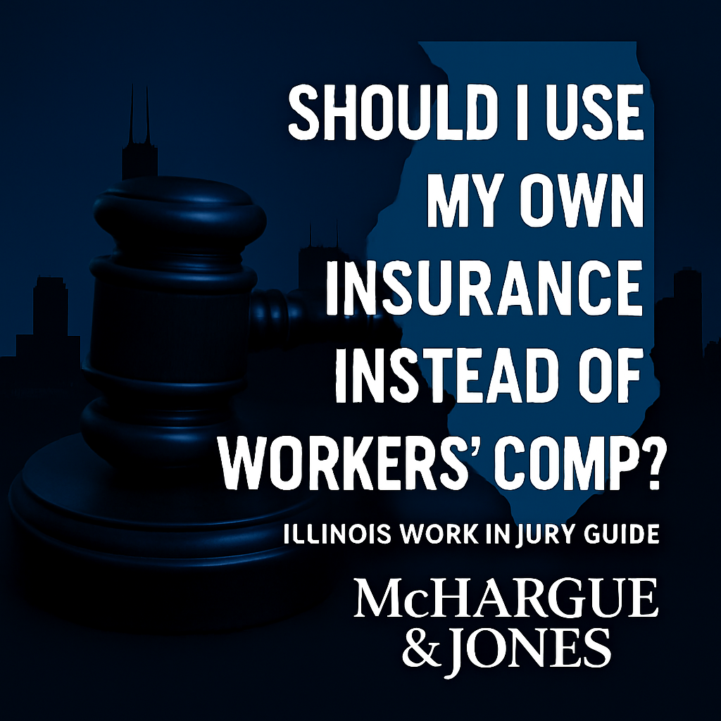 Dark blue graphic with a judge’s gavel on the left and the outline of Illinois and Chicago skyline in the background, with bold white text reading ‘Should I Use My Own Insurance Instead of Workers’ Comp? Illinois Work Injury Guide’ and the McHargue & Jones law firm logo at the bottom.