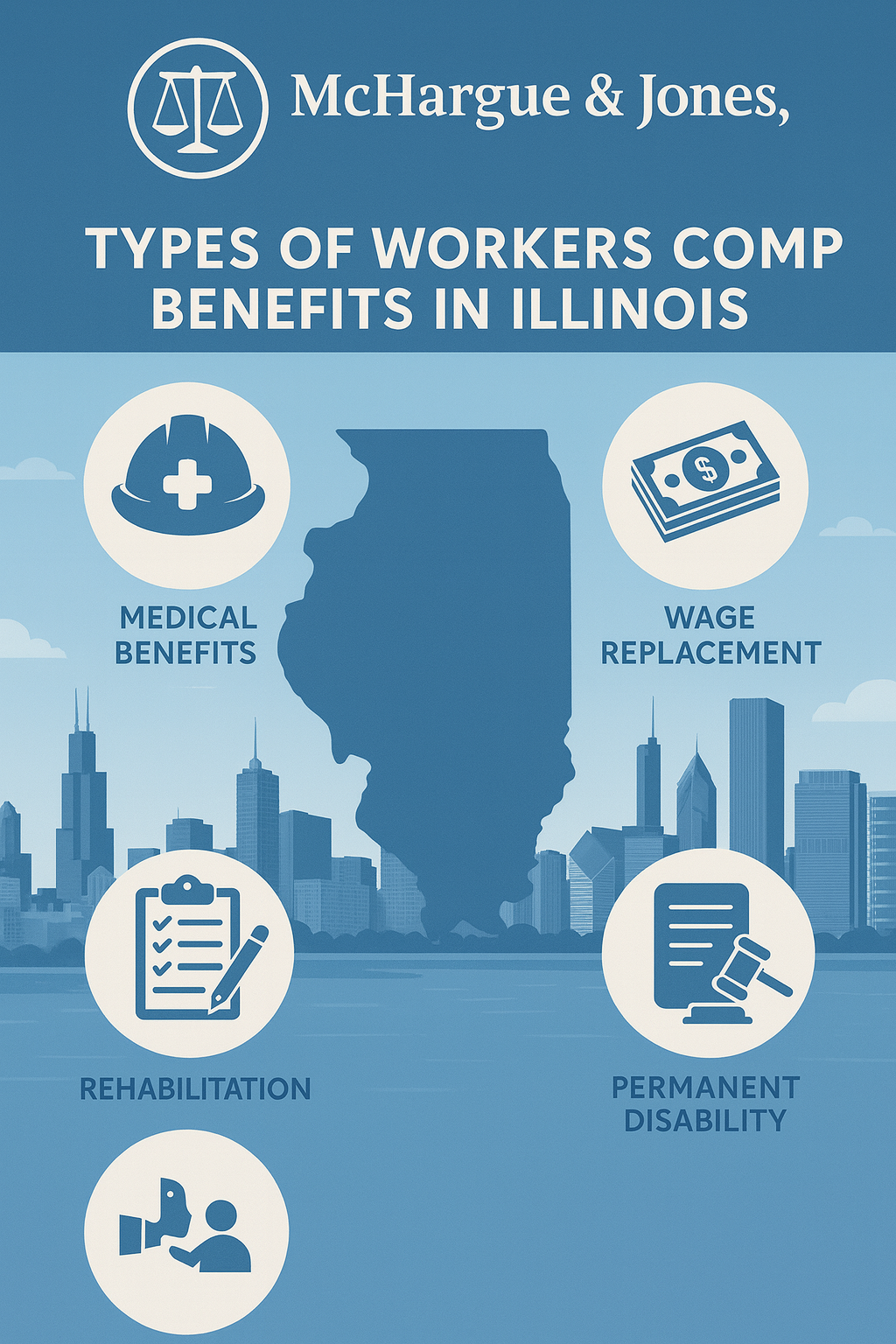 Infographic by McHargue & Jones, LLC titled ‘Types of Workers’ Comp Benefits in Illinois,’ showing the Chicago skyline and icons representing medical benefits, wage replacement, rehabilitation, and permanent disability.