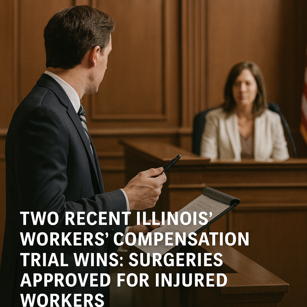 Attorney in an Illinois courtroom taking testimony from a witness during a workers’ compensation trial